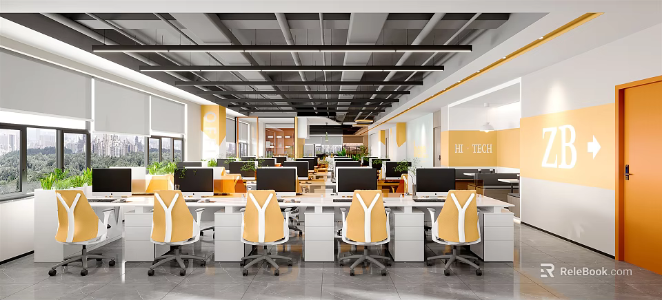 Modern Public Office Space with Computers Yellow White Chairs Large Windows and Green Plants 3d model 