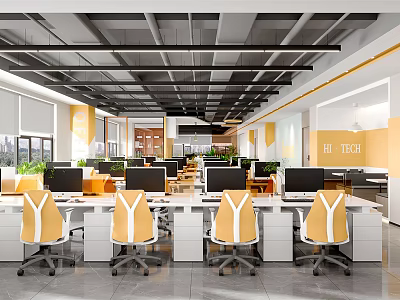 Modern Public Office Space with Computers Yellow White Chairs Large Windows and Green Plants 3d model