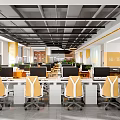 Modern Public Office Space with Computers Yellow White Chairs Large Windows and Green Plants
