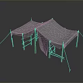 Outdoor Canvas Canopy Tent Structure With Wooden Support Poles And Ropes