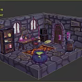 Magic Alchemy Room Interior With Stone Walls Arched Windows Wooden Door Cauldron And Potion Shelves