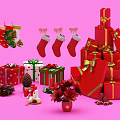 Christmas Decorative Ornament Set With Stockings Gift Boxes And Festive Decorations On Pink Background