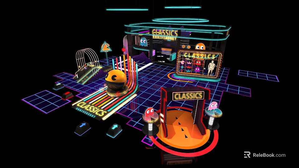 Classic Arcade Scene With Neon Lights Game Machines And Colorful Floor 3d model 