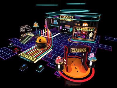 Classic Arcade Scene With Neon Lights Game Machines And Colorful Floor 3d model