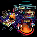 Classic Arcade Scene With Neon Lights Game Machines And Colorful Floor