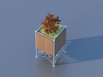 Square Wooden Planter With Decorative Metal Stand And Red Green Foliage 3d model