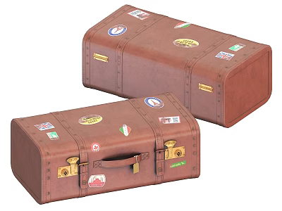 Vintage Brown Leather Suitcases With Decorative Travel Stickers And Brass Locks 3d model