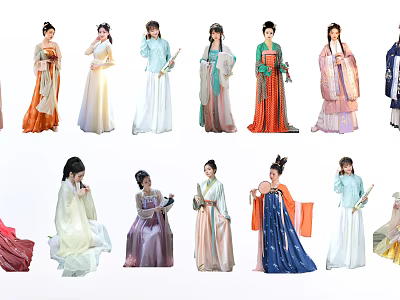 Women Wearing Traditional Chinese Hanfu Clothing In Different Styles And Colors 3d model