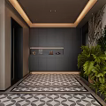 Modern Entryway Hallway With Tropical Plant Wall Art And Geometric Pattern Floor Tiles