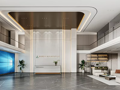 Elegant Modern Company Reception Lobby With Marble Texture Warm Lighting And Cozy Lounge Space 3d model