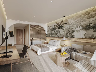 Modern Hotel Room Interior With Comfortable King Bed Sofa Wooden Furniture And Palm Tree Mural 3d model
