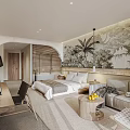 Modern Hotel Room Interior With Comfortable King Bed Sofa Wooden Furniture And Palm Tree Mural