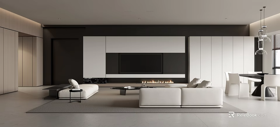 Modern Living Room Interior Design With White Sofa Fireplace And TV Wall 3d model 