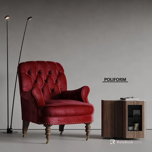 Elegant Red Velvet Tufted Armchair With Wooden Legs And Wooden Side Table 3d model 
