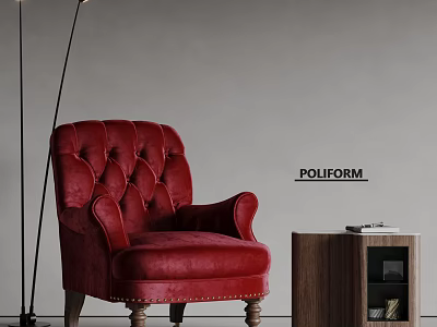 Elegant Red Velvet Tufted Armchair With Wooden Legs And Wooden Side Table 3d model