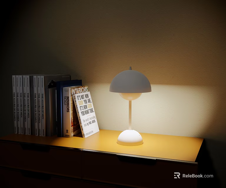 Minimalist Table Lamp Emitting Soft Light On Wooden Bookshelf With Books 3d model 
