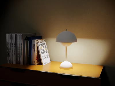Minimalist Table Lamp Emitting Soft Light On Wooden Bookshelf With Books 3d model