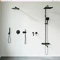 Black Shower System with Handheld Overhead Heads and Controls Mounted on White Wall