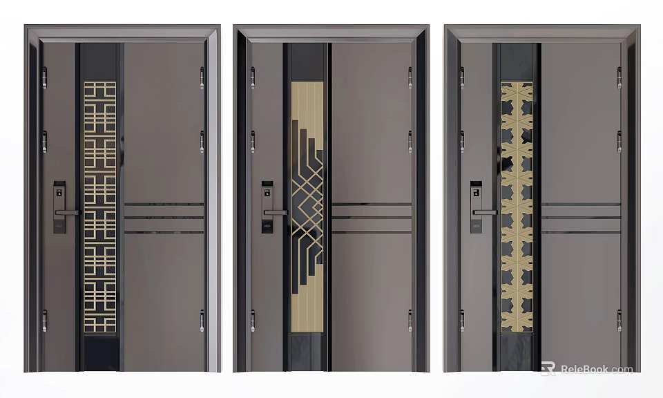Contemporary Dark Swing Doors Featuring Gold Decorative Patterns And Geometric Accents 3d model 