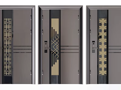 Contemporary Dark Swing Doors Featuring Gold Decorative Patterns And Geometric Accents 3d model
