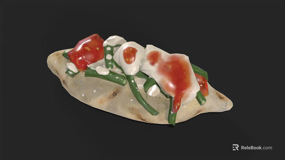 Delicious Pita Bread Topped With Red Sauce White Sauce Green Vegetables And Cheese Cubes 3d model 