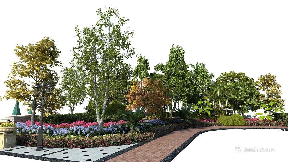 Diverse Plant Combination with Mixed Trees and Pink Purple Flowers in Garden Landscape Pathway 3d model 