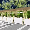 Outdoor Commercial Dining Equipment With Wooden Canopy Green Plant Wall And White Tables