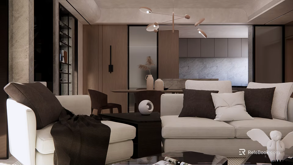 Modern Living Dining Room Interior With Beige Sofa Brown Pillows Coffee Table And Dining Chairs 3d model 