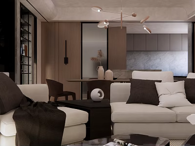 Modern Living Dining Room Interior With Beige Sofa Brown Pillows Coffee Table And Dining Chairs 3d model