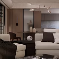 Modern Living Dining Room Interior With Beige Sofa Brown Pillows Coffee Table And Dining Chairs