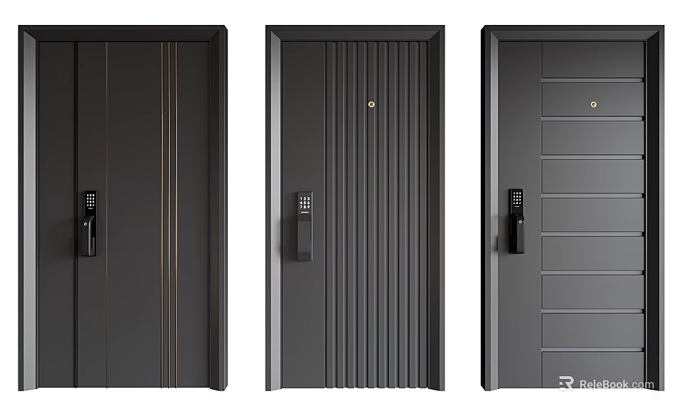Modern Security Doors With Different Panel Designs And Electronic Locks For Home Safety 3d model