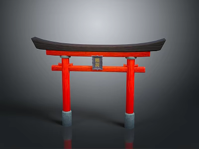 Traditional Japanese Torii Gate With Red Pillars Black Lintel And Central Plaque Against Gray Background 3d model