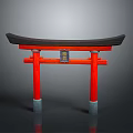 Traditional Japanese Torii Gate With Red Pillars Black Lintel And Central Plaque Against Gray Background