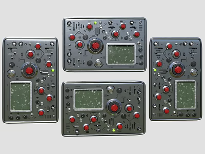 Multiple Black Control Panels Featuring Red Buttons And Digital Display Screens 3d model