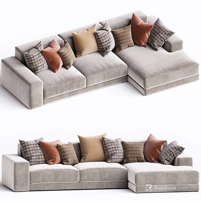 Modern L Shaped Light Gray Sofa Set With Various Colored Patterned Cushions 3d model
