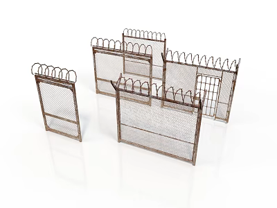 Multiple Metal Mesh Fence Panels With Spiked Tops For Scene Construction 3d model