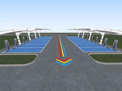 Parking Lot With Blue Spaces Colored Arrows White Canopies And Grass 3d model
