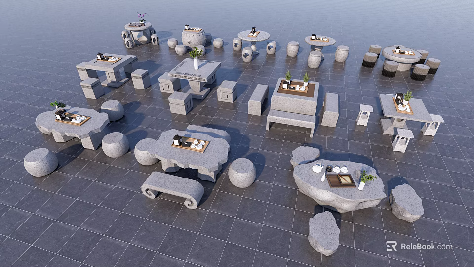 Modern Landscape Seats Design With Stone Tables And Natural Decor Elements 3d model