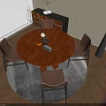 Round Wooden Dining Table With Brown Leather Chairs And Vase On Gray Rug