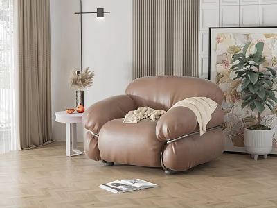 Elegant Single Seater Sofa With Leather Upholstery Throw Blanket Side Table And Potted Plant 3d model