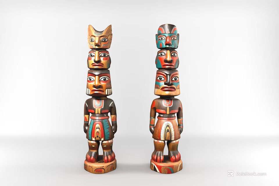 Traditional Hand Carved Colorful Totem Pole Sculptures With Multiple Faces 3d model 