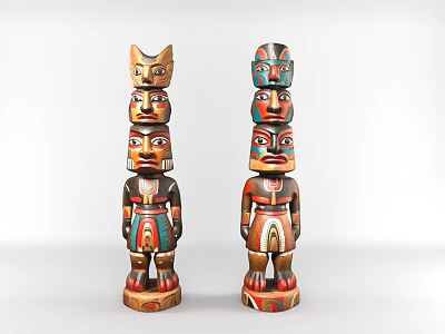 Traditional Hand Carved Colorful Totem Pole Sculptures With Multiple Faces 3d model
