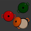 Colorful Kitchen Cooking Pots With Red Green Orange Bodies And Open Lid