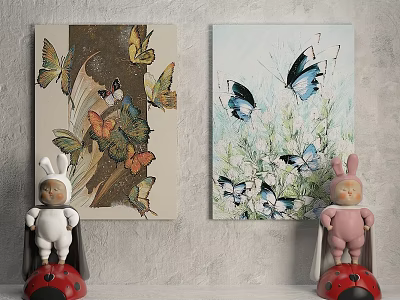 Animal Paintings Of Butterflies With Tree Branches And Flower Bushes On Wall 3d model