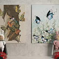 Animal Paintings Of Butterflies With Tree Branches And Flower Bushes On Wall