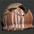 Broken Carved Ceramic Sculpture With Red White Stripes Holes And Spherical Shape