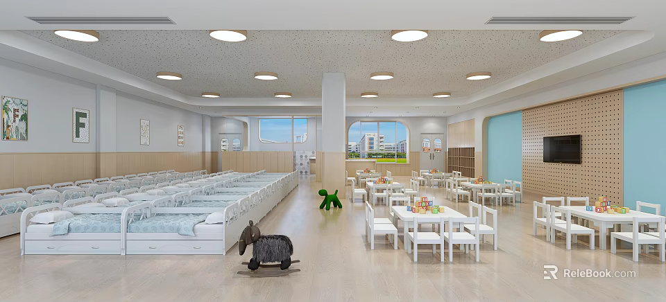 Kindergarten Bright Interior With White Cots Tables Chairs Green Toys Black Rocking Horse Windows Lights 3d model 