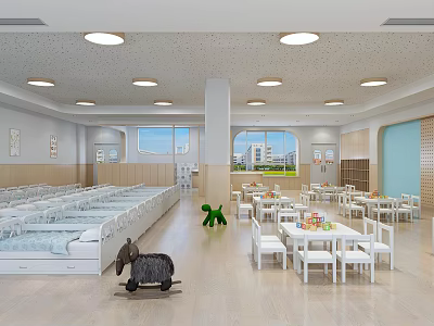 Kindergarten Bright Interior With White Cots Tables Chairs Green Toys Black Rocking Horse Windows Lights 3d model