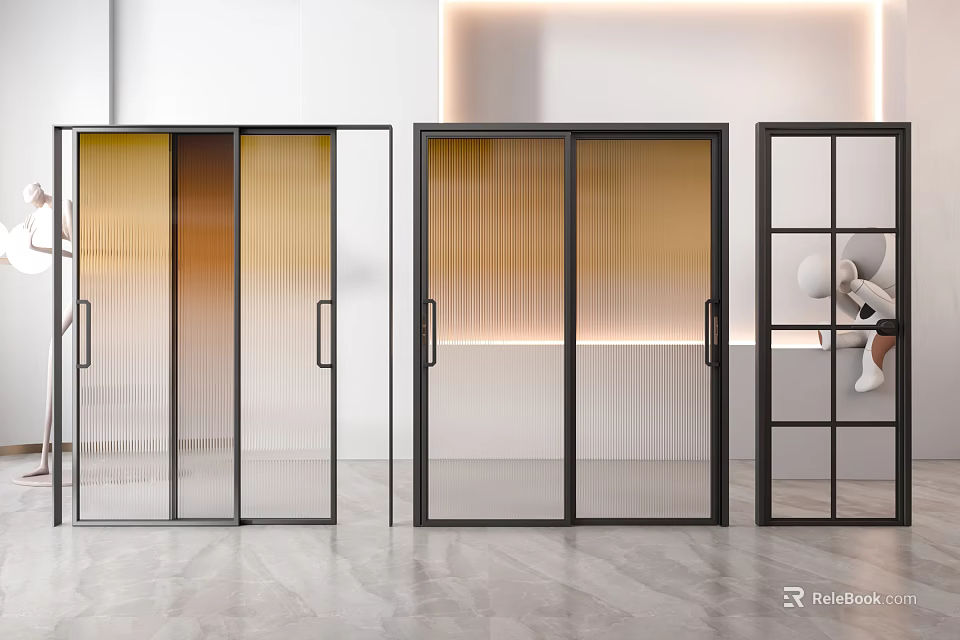 Modern Sliding Glass Doors With Black Frames And Textured Glass Patterns 3d model