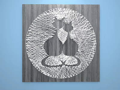 Abstract Painting With White Thread Lines Circular Design On Wooden Background 3d model
